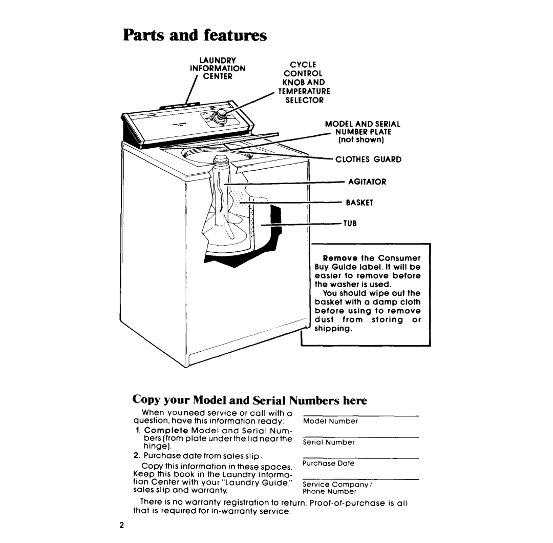 Whirlpool LA3400XP manual Parts Features, Copy your Model and Serial Numbers here 