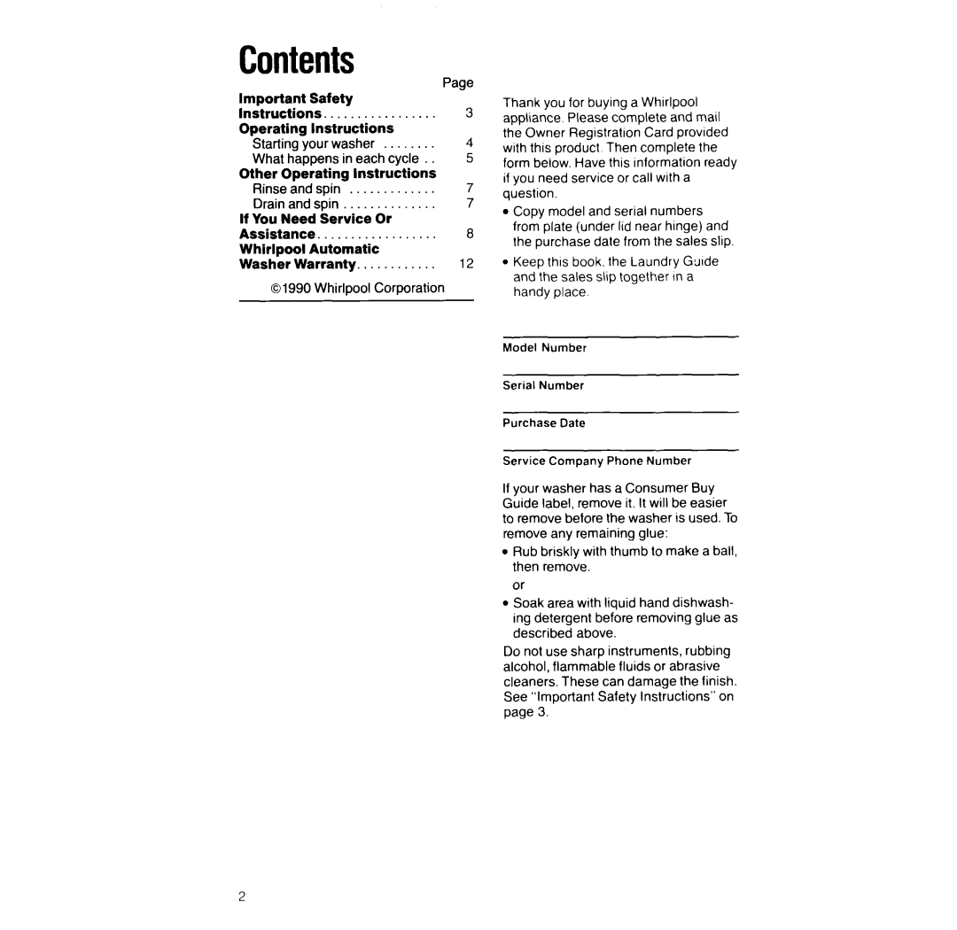 Whirlpool LA3400XT manual Contents 