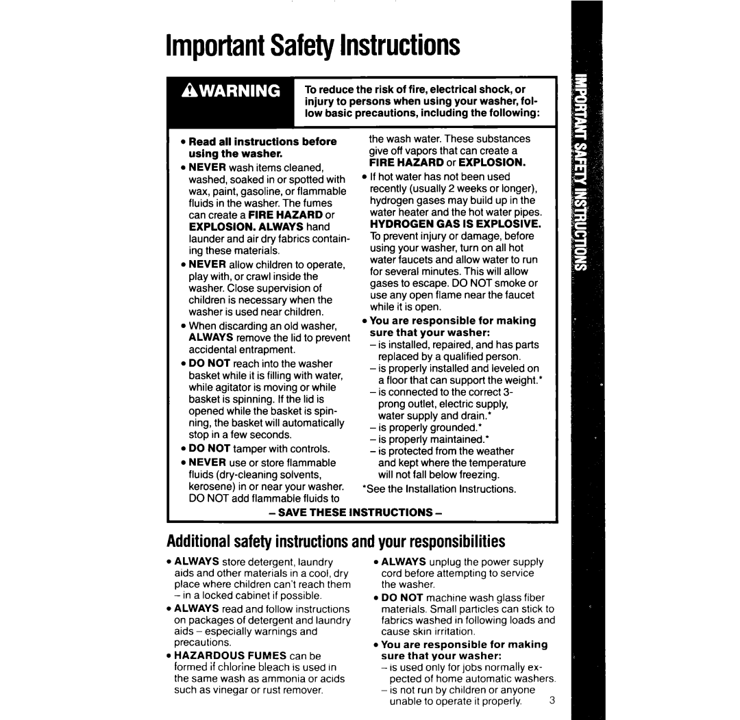 Whirlpool LA3400XT manual ImportantSafetyInstructions, Additionalsafetyinstructionsandyourresponsibilities 