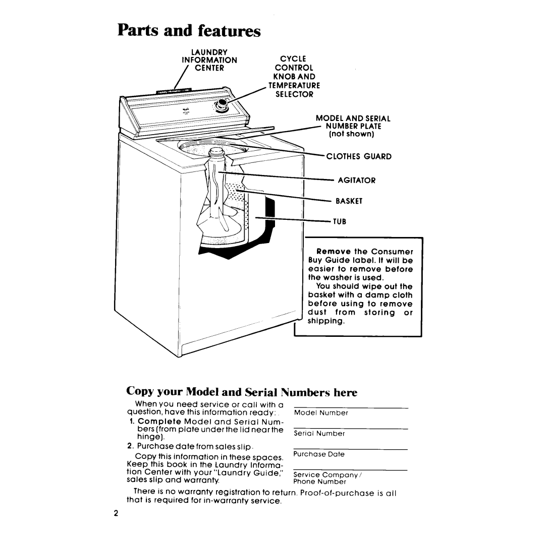 Whirlpool LA34OOXM manual Parts and features, Copy your Model and Serial Numbers here 