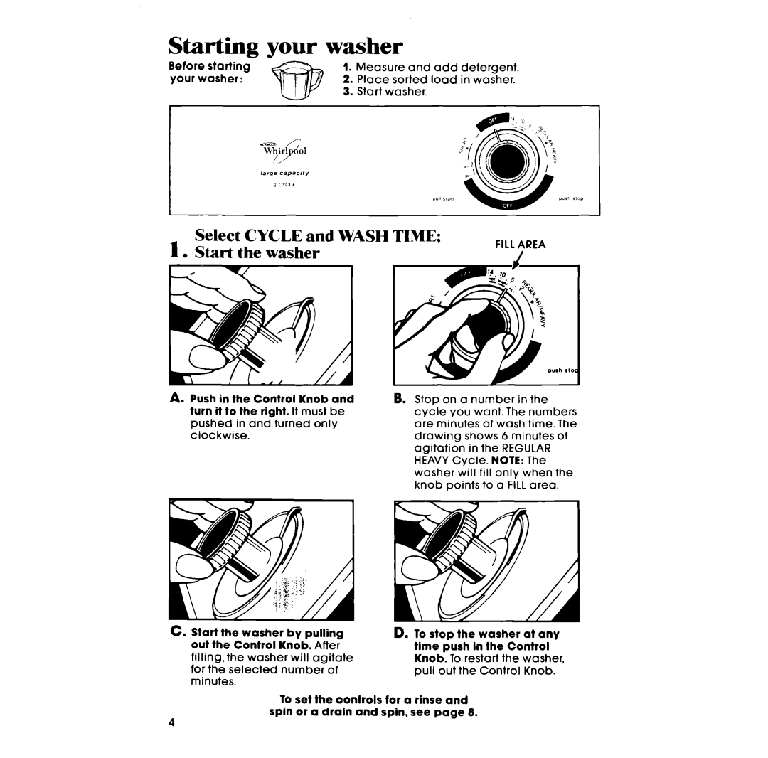 Whirlpool LA34OOXM manual Starting Your washer, Select Cycle and Wash Time 1. Start the washer, Fill Area 