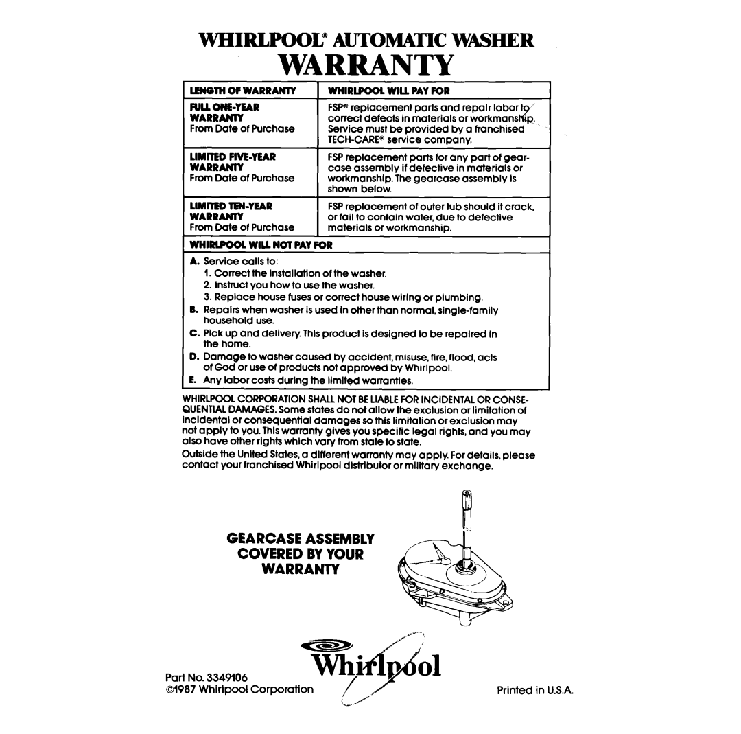 Whirlpool LA34ooxs manual Warranty 