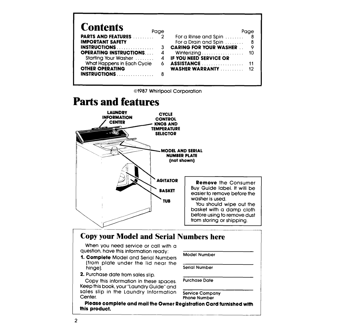 Whirlpool LA34ooxs manual Contents, Parts and features 