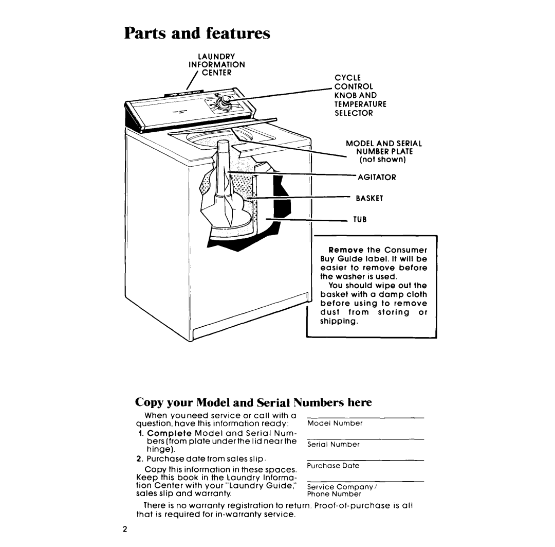 Whirlpool LA3800XP manual Parts and features, Copy your Model and Serial Numbers here 