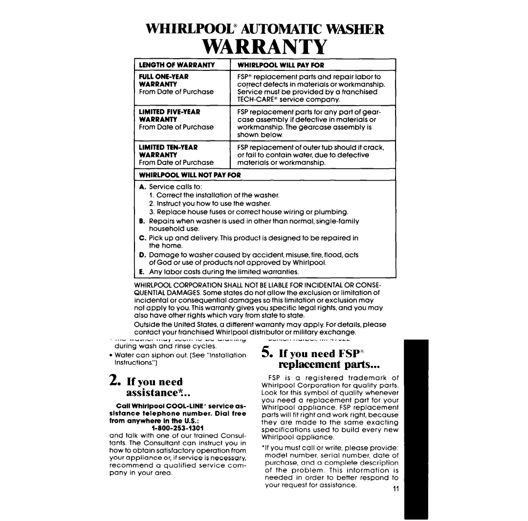 Whirlpool LA4800XS manual Warranty 