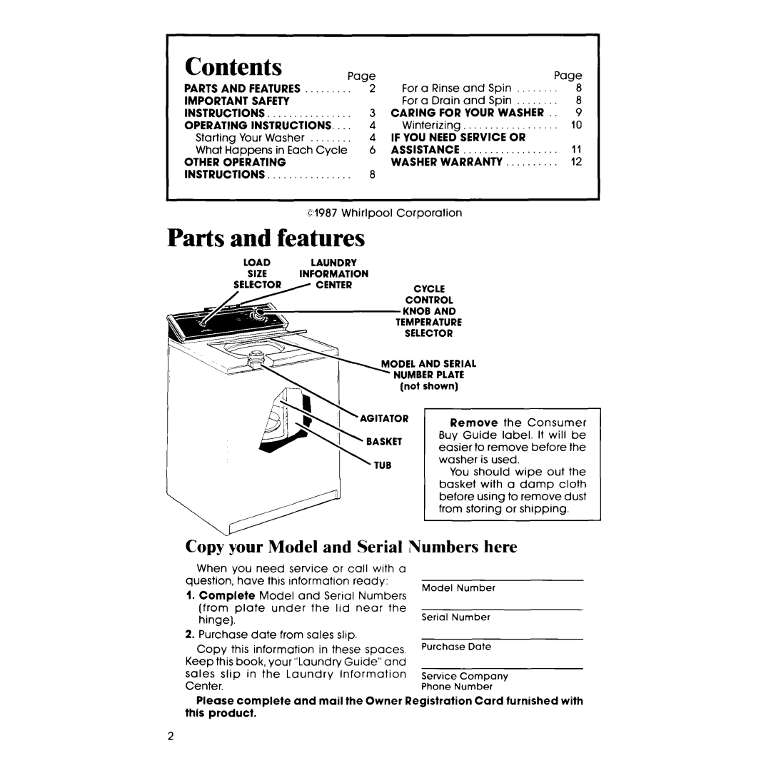 Whirlpool LA4800XS manual Contents 