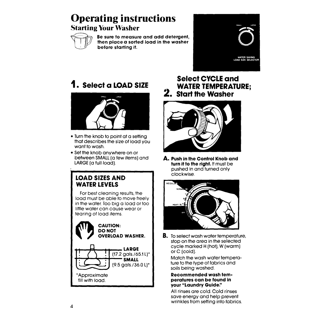 Whirlpool LA4800XS manual Load Sizes Water Levels 