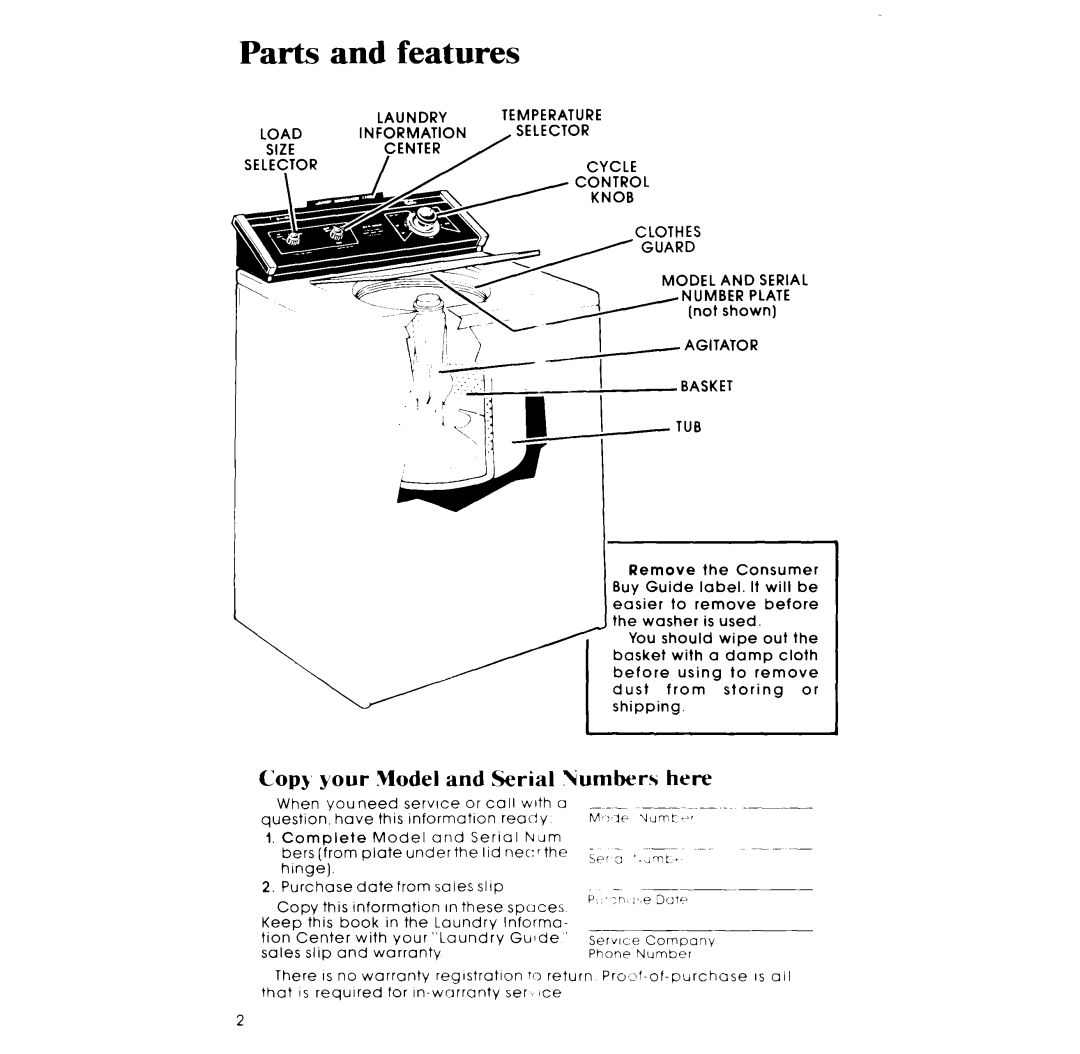 Whirlpool LA50000XP manual Parts and features, Cops, your Model and Serial Numbers here 