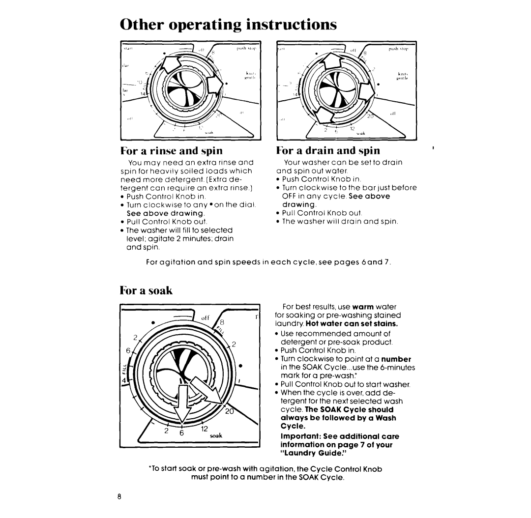 Whirlpool LA50000XP manual Other operating instructions, For a rinse and spin, For a drain and spin, For a soak 