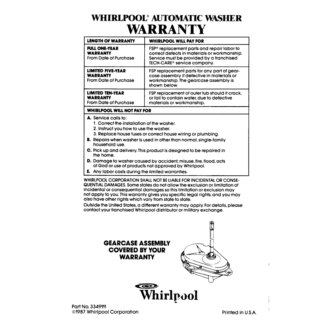 Whirlpool LA50000XS manual Warranty 