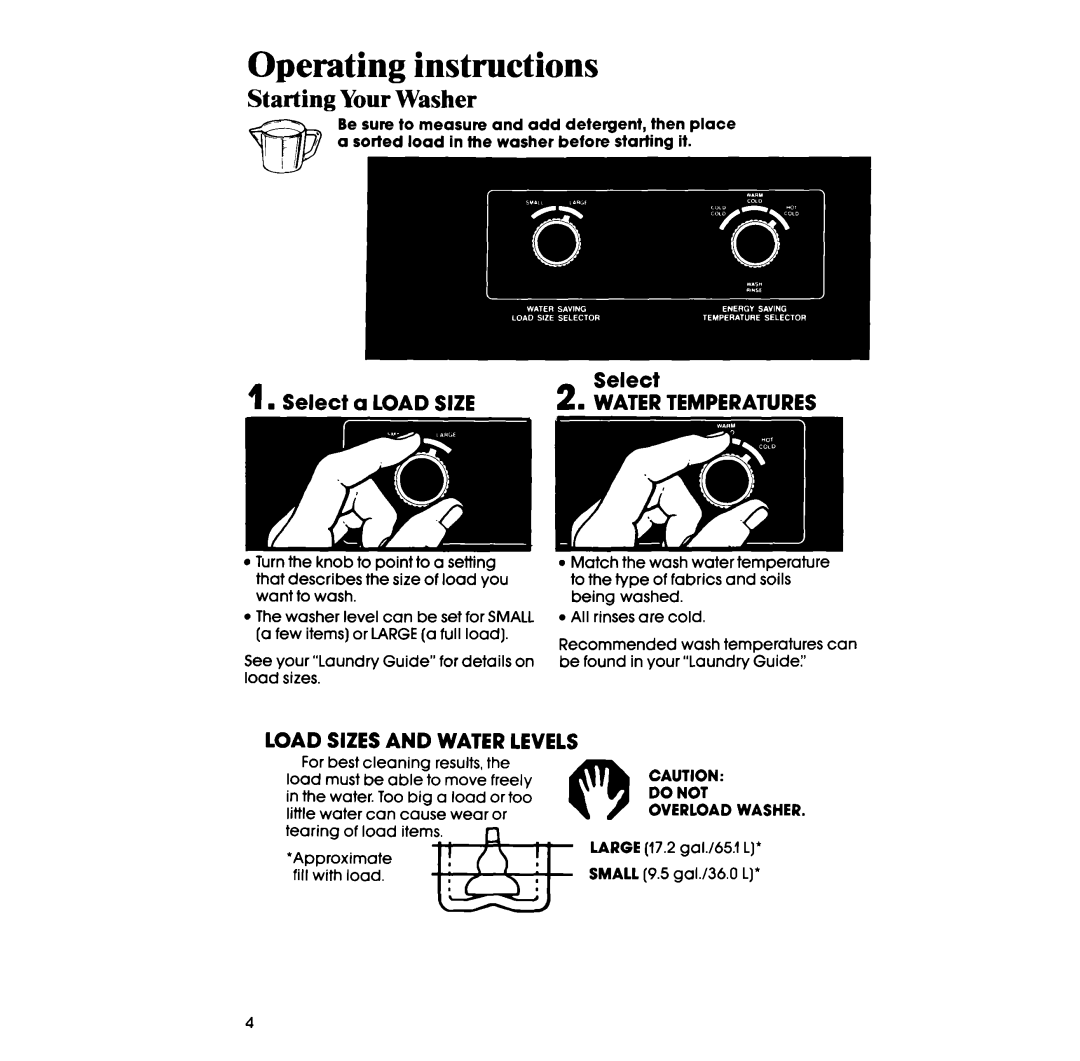 Whirlpool LA50000XS manual Operating instructions, Starting Your Washer, Select a Load Size 