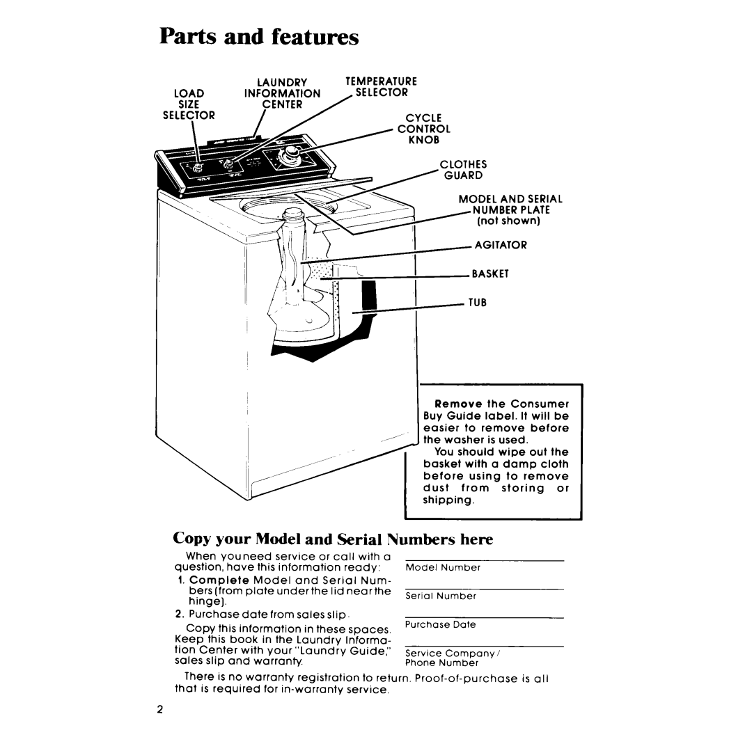 Whirlpool LA5000XP manual Parts and features, Copy your Model and Serial Numbers here, Agitator Basket 