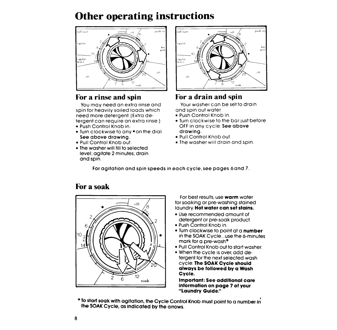 Whirlpool LA5000XP manual Other operating instructions, For a rinse and spin, For a drain and spin, For a soak 