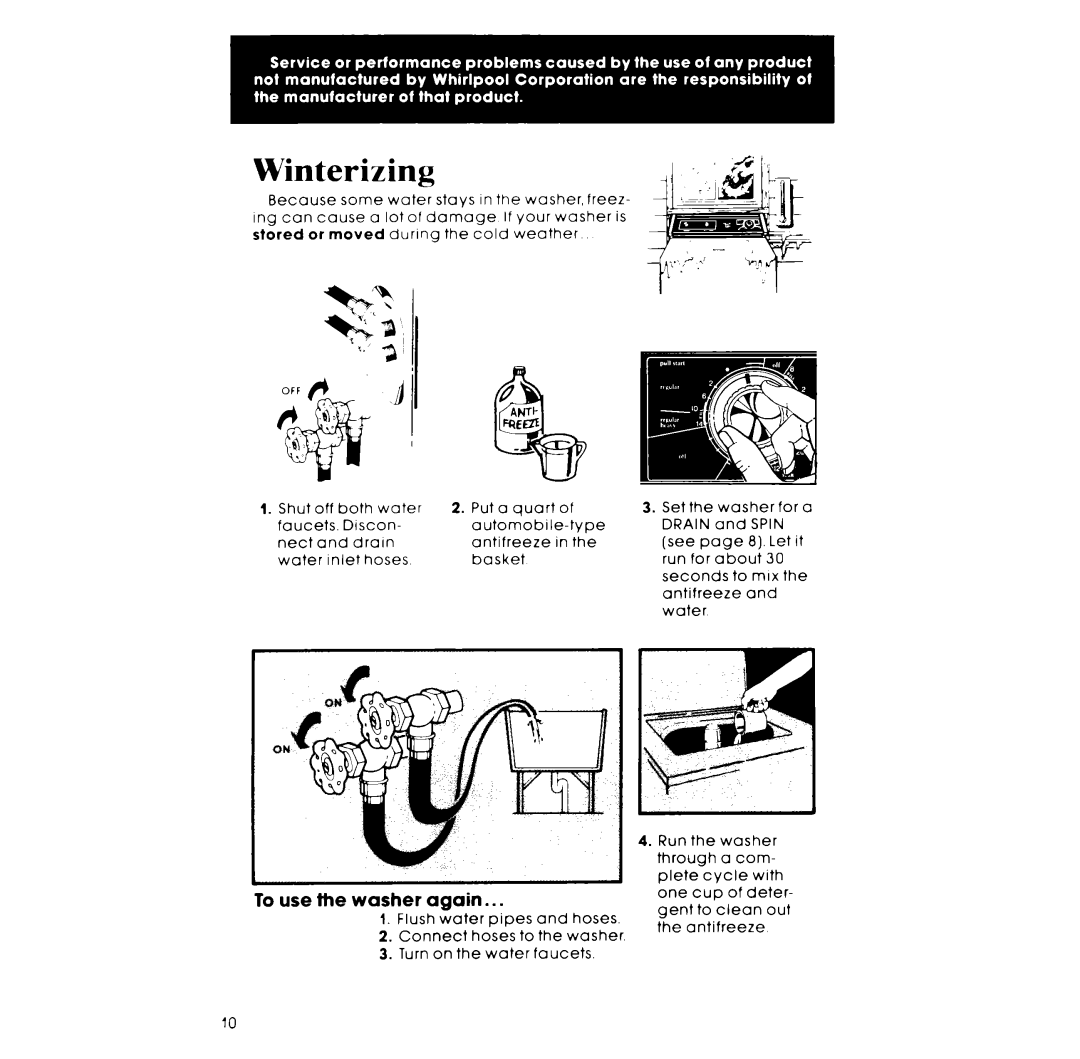 Whirlpool LA5000XP manual Winterizing, To use the washer again 
