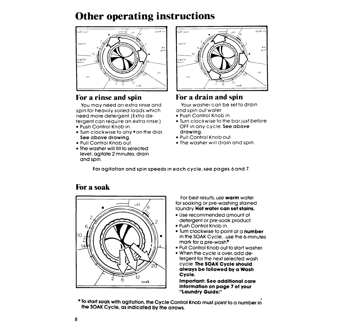 Whirlpool LA5000XP manual Other operating instructions, For a rinse and spin, I For a drain and spin, For a soak 
