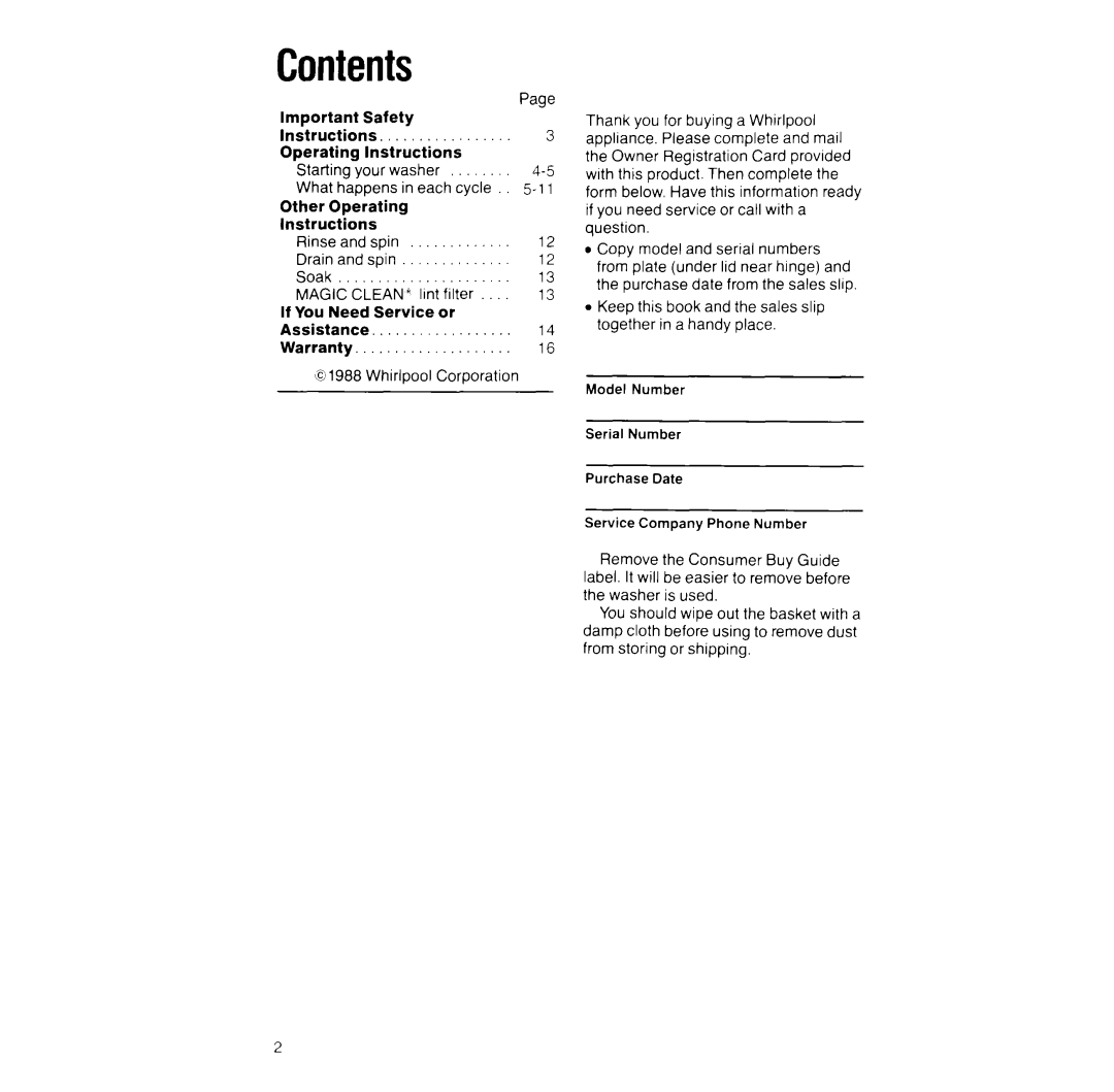 Whirlpool LA5200XT manual Contents 