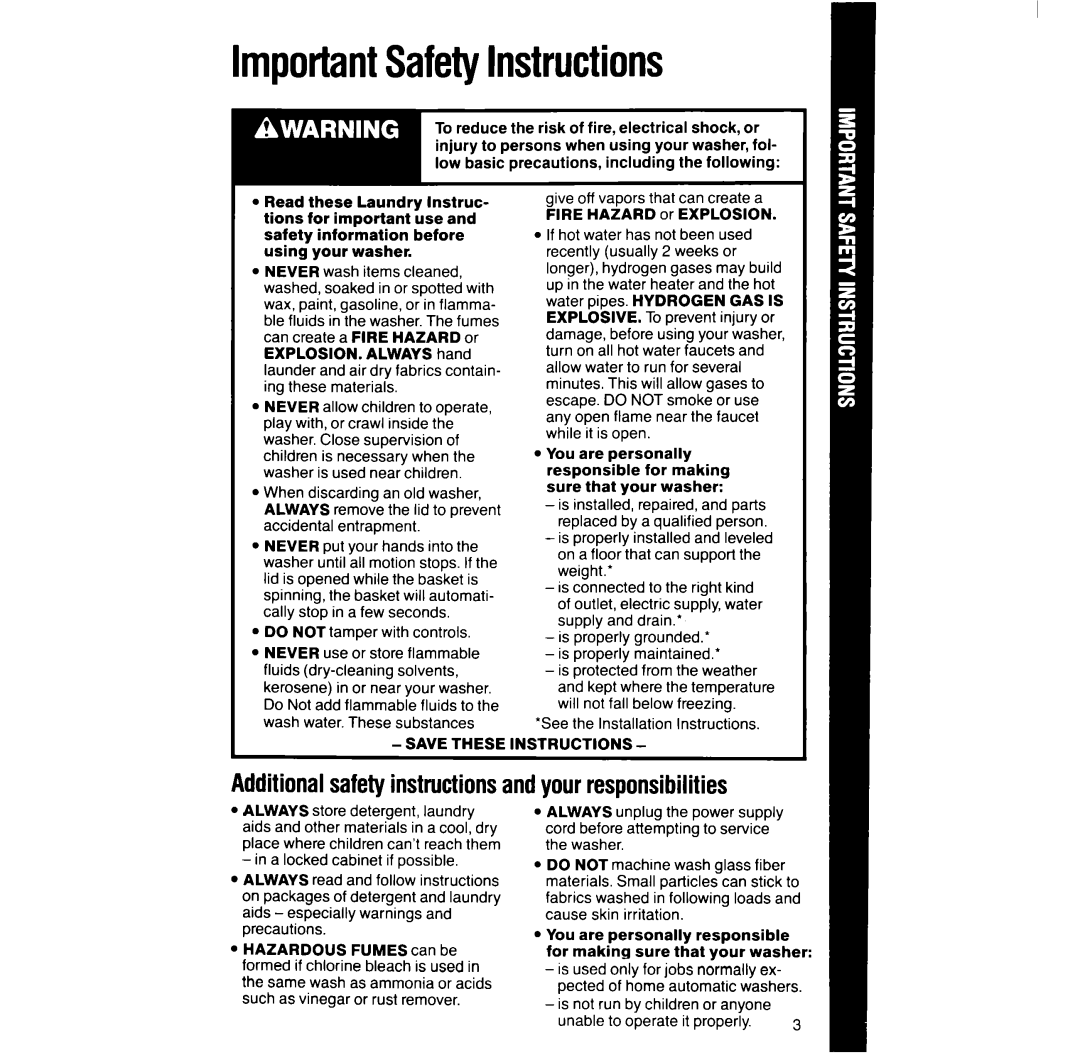 Whirlpool LA5200XT manual ImportantSafetyInstructions, Additionalsafetyinstructionsandyourresponsibilities 