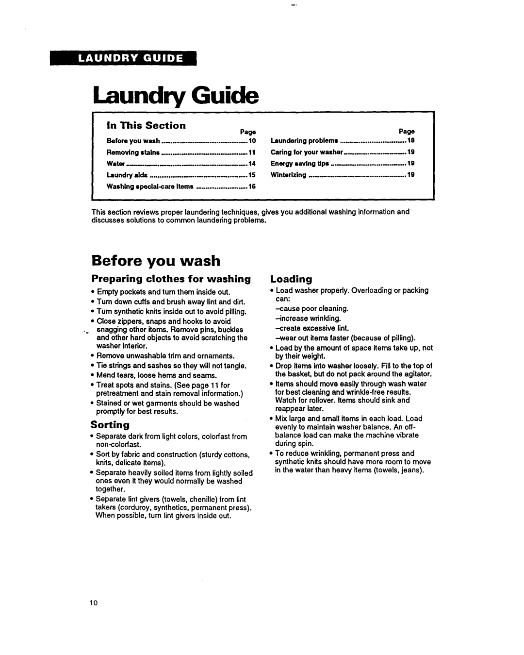 Whirlpool LA5243XY warranty Before you wash, Preparing clothes for washing, Sorting, Loading 