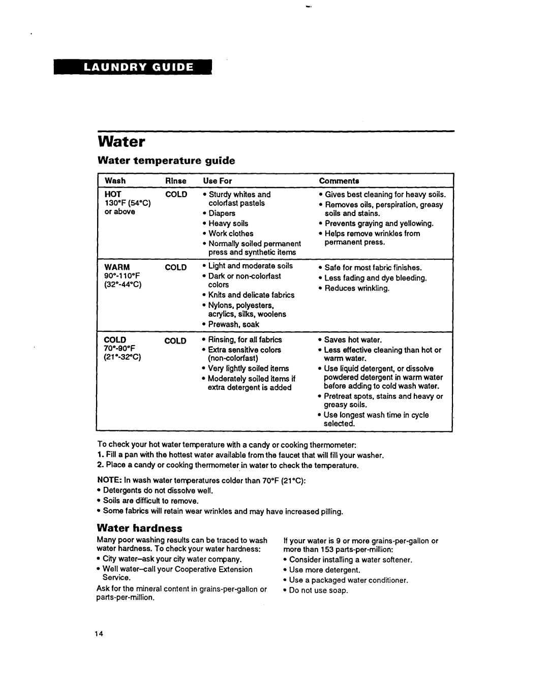 Whirlpool LA5243XY warranty Water temperature, Guide, Water hardness, WashRinse 