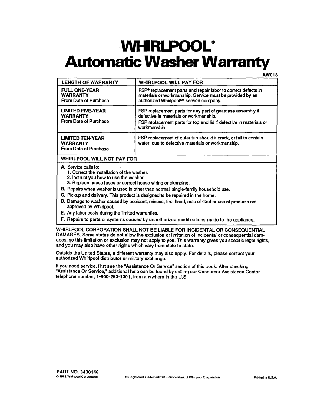 Whirlpool LA5243XY warranty LM=ilRlPOOL Automatic WasherWarranty 