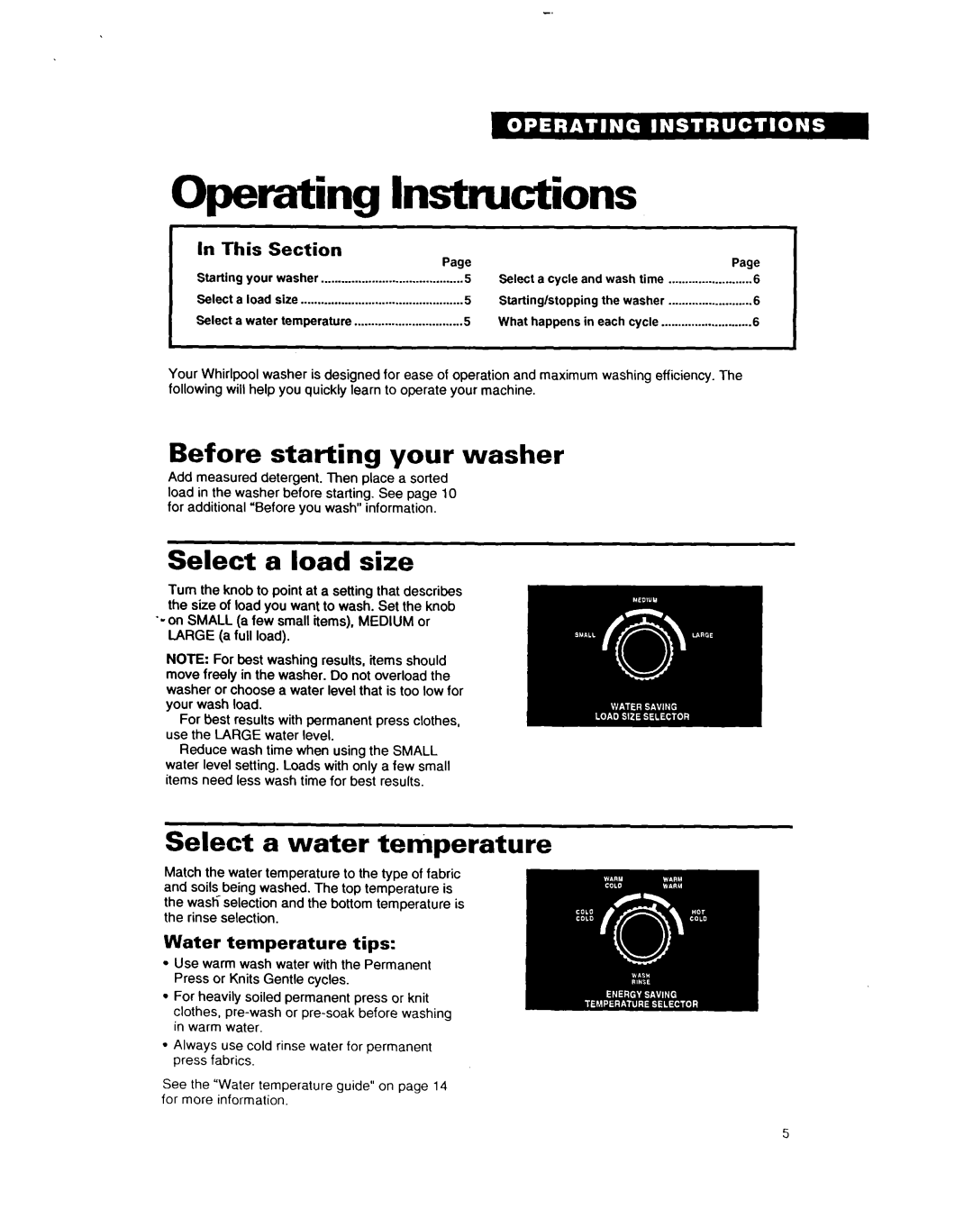 Whirlpool LA5243XY Operating Instructions, Before starting your washer, Select a load size, Select a water temperature 