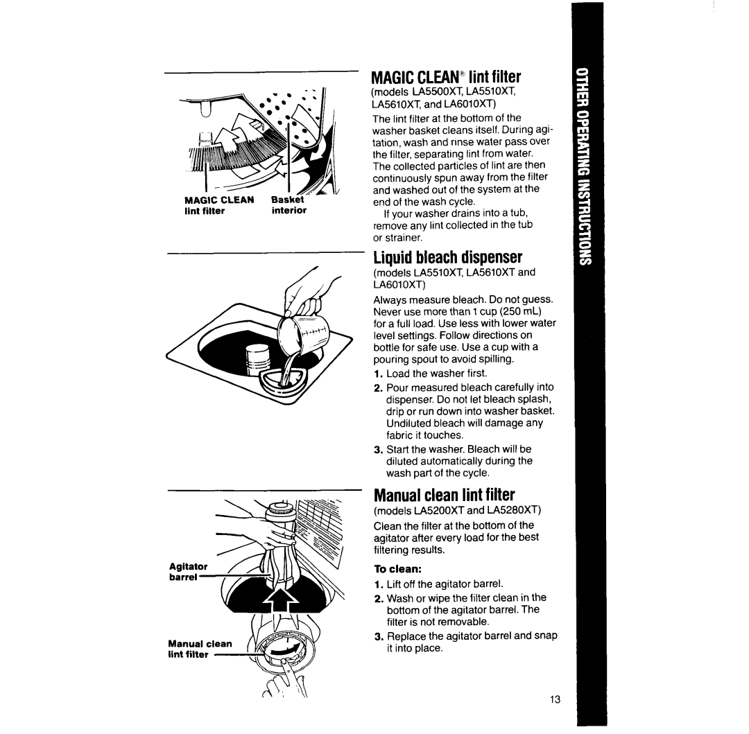 Whirlpool LA528OXT manual MAGICCLEANlint filter, Liquidbleachdispenser, Manualcleanlint filter 