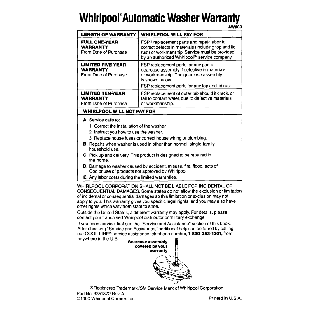 Whirlpool LA528OXT manual Top Lid, Purchase, Service Must be provided, Parts for any part, Outer 