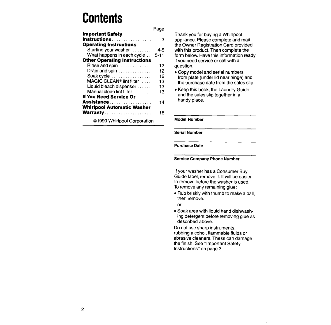 Whirlpool LA528OXT manual Contents 