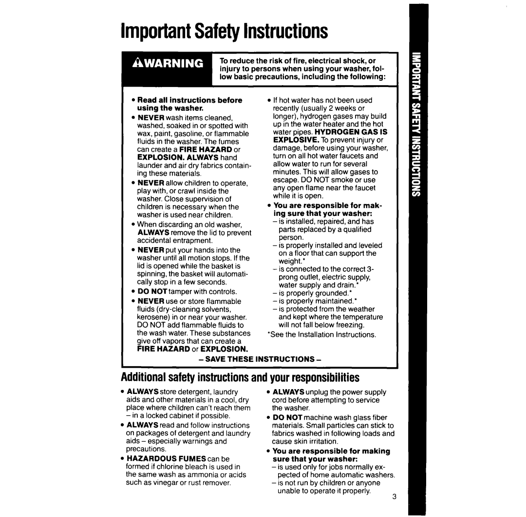 Whirlpool LA528OXT manual ImportantSafetyInstructions, Additionalsafetyinstructionsandyourresponsibilities 