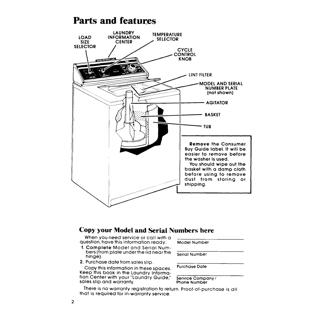 Whirlpool LA5300XM manual Parts and features, Copy Your Model Serial Numbers, Agitator Basket TUB 