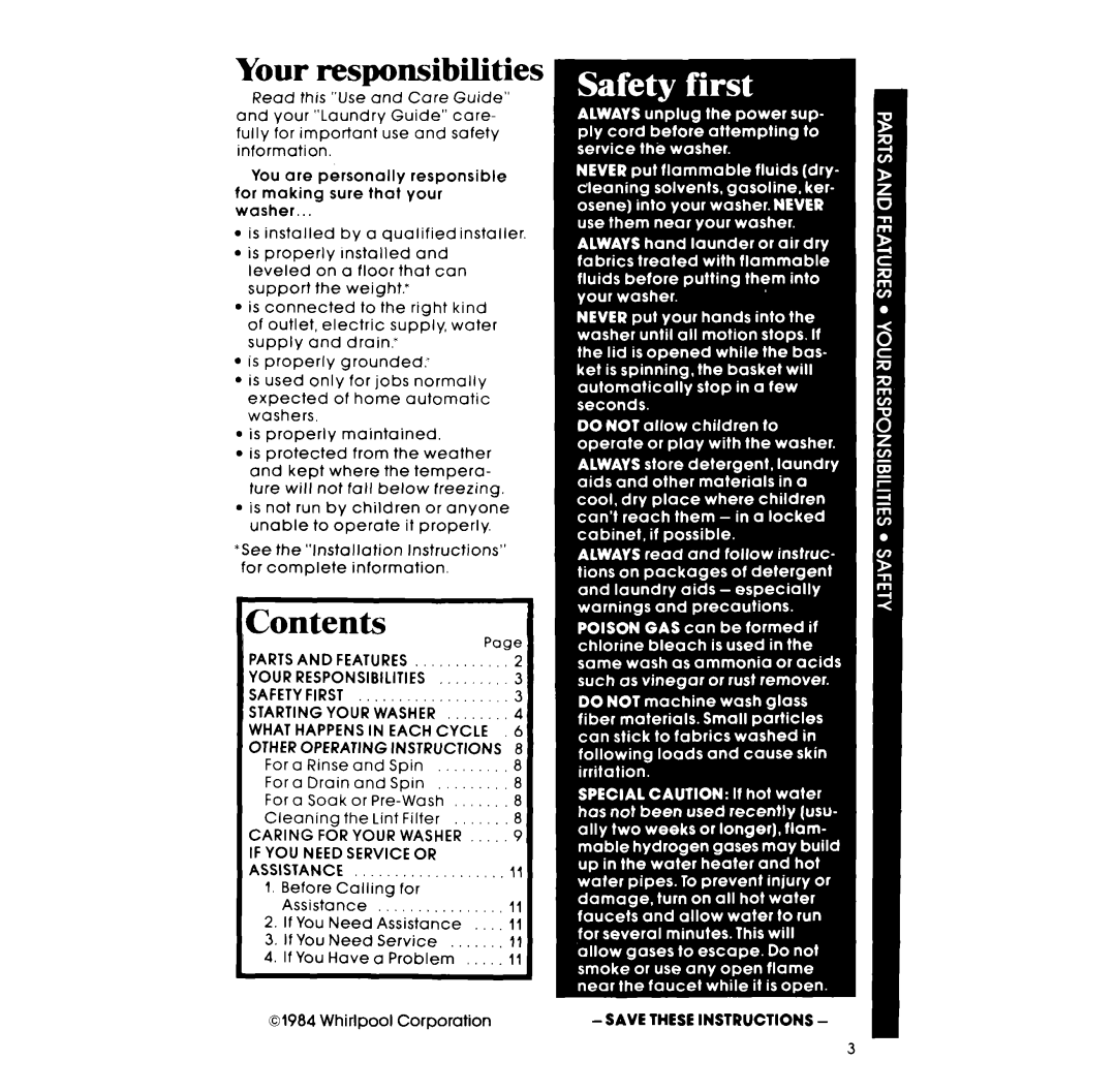 Whirlpool LA5300XM manual Your responsibilities, Contents 