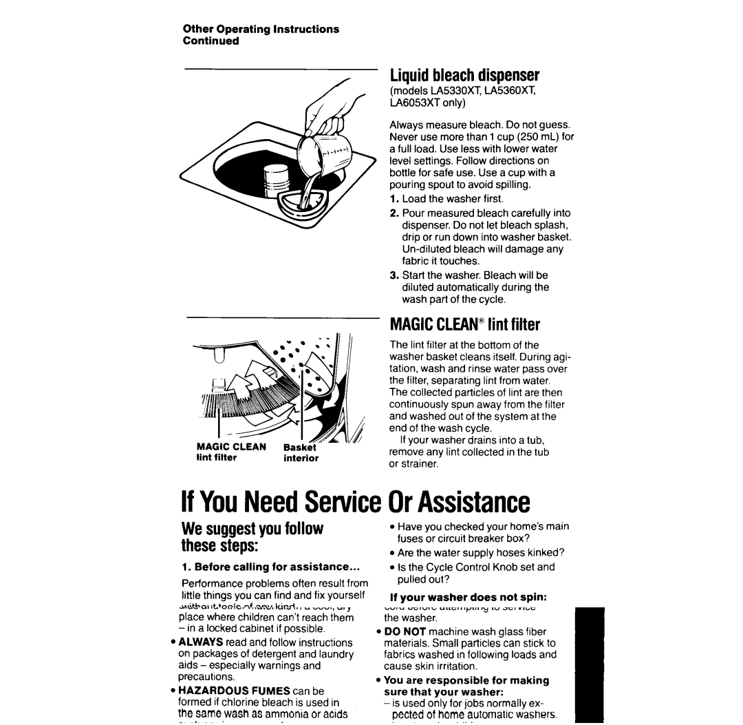 Whirlpool LA5300XT, LA532XT manual IfYouNeedServiceOrAssistance, Liquid bleach dispenser, MAGICCLEANlint filter 