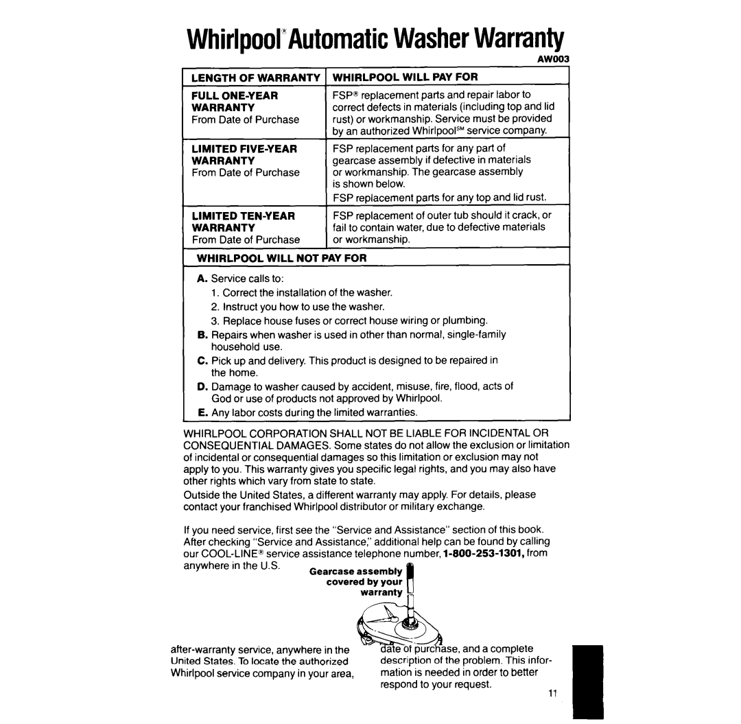 Whirlpool LA5300XT manual Length of Warranty, Limited FIVE-YEAR Warranty, Limited TEN-YEAR Warranty, Whirlpool will PAY for 