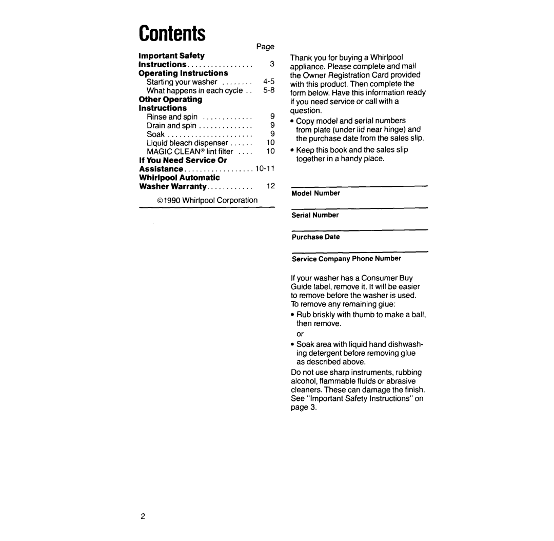 Whirlpool LA5300XT, LA532XT manual Contents 