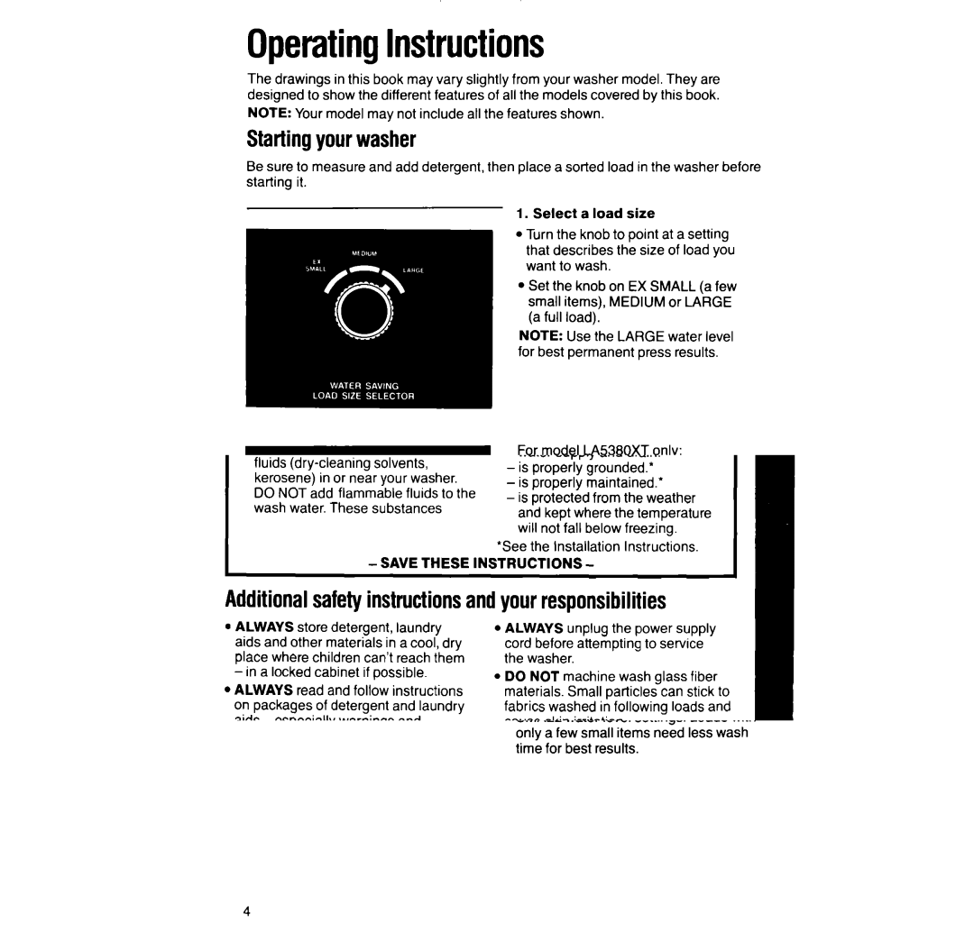 Whirlpool LA5300XT, LA532XT manual OperatingInstructions, Starting your washer 