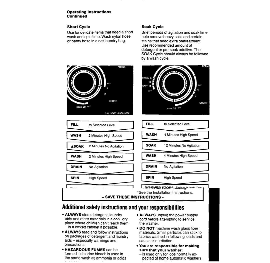 Whirlpool LA5300XT, LA532XT manual Operating Instructions Short Cycle, Soak Cycle 