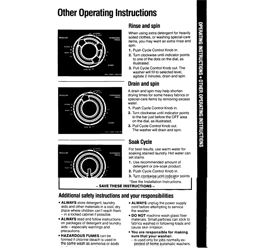 Whirlpool LA532XT, LA5300XT manual OtherOperatingInstructions, Rinseand spin, Drain and spin, SoakCycle 