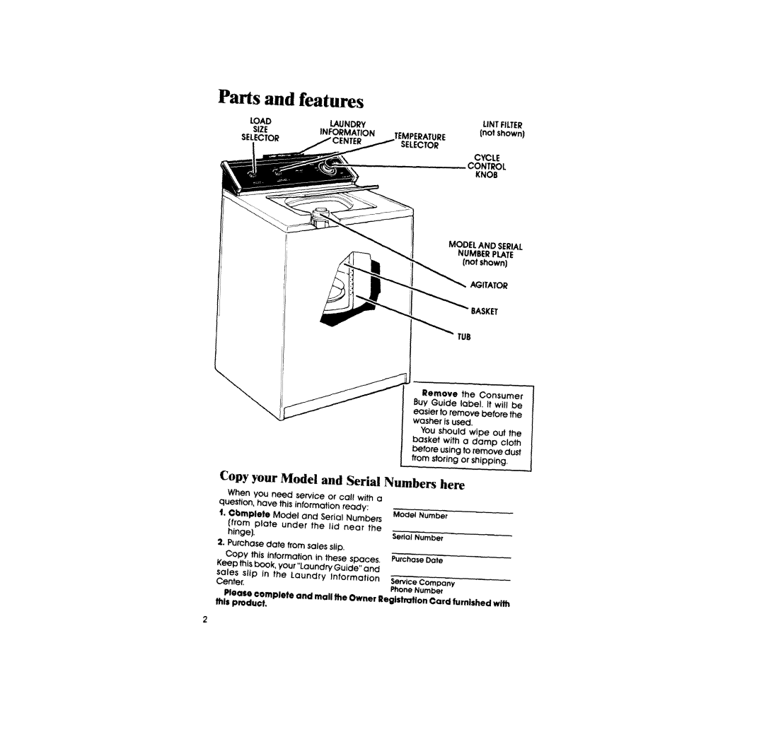 Whirlpool LA5310XS manual Parts and features, Copy your Model and Serial Numbers here 