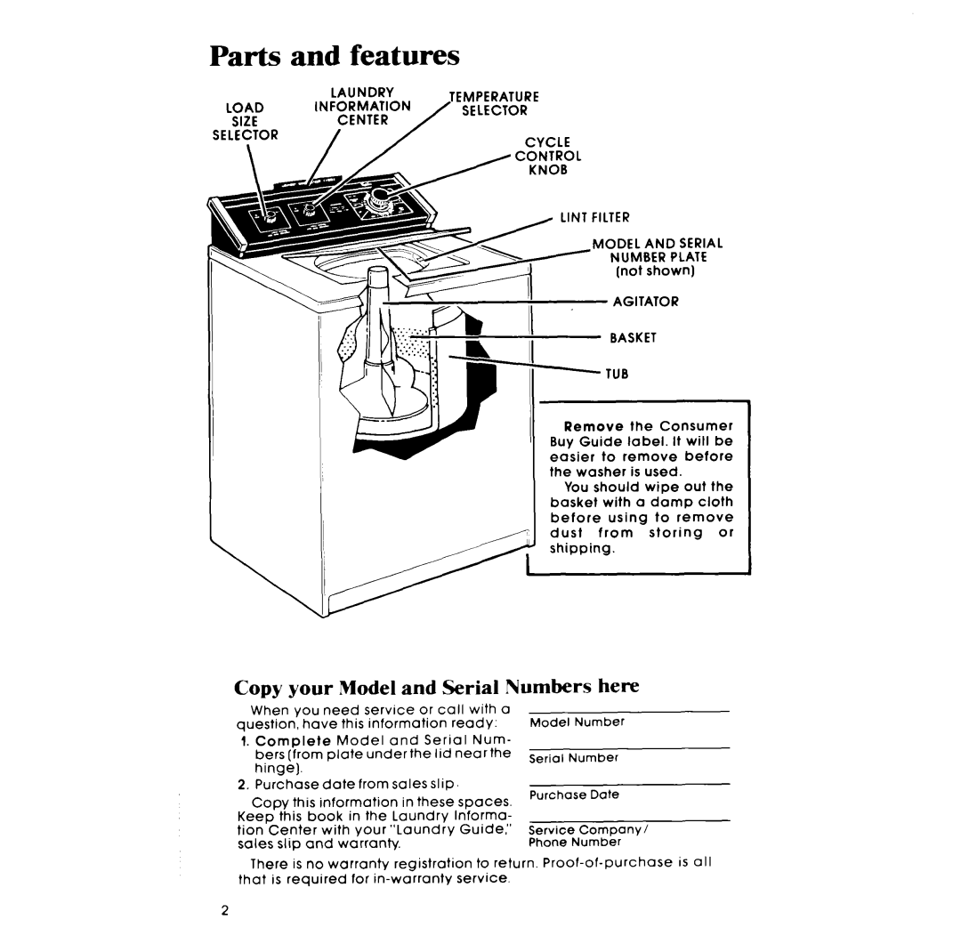 Whirlpool LA531OXP manual Parts and features, Copy Your Model 