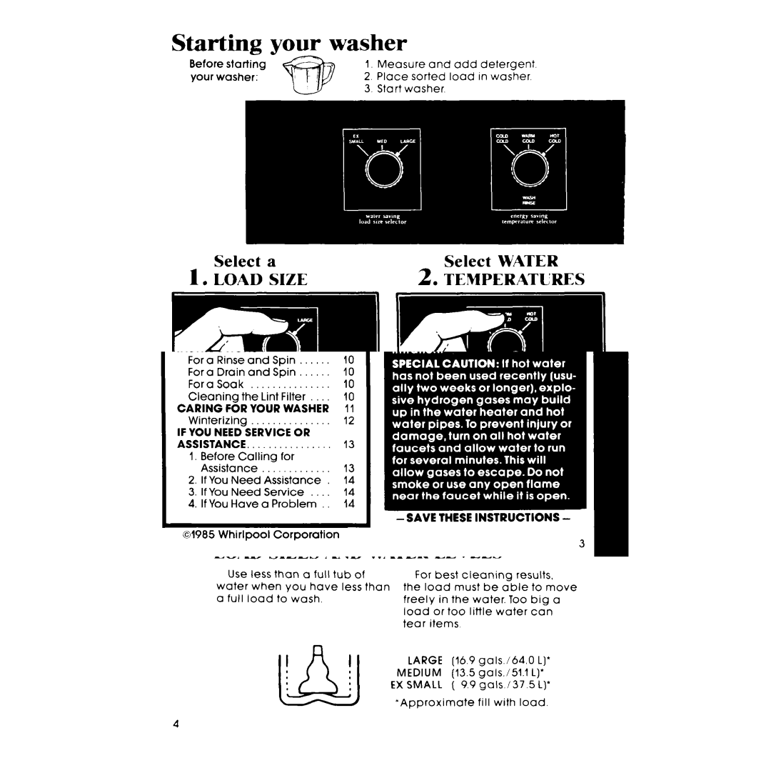 Whirlpool LA531OXP manual Starting, Select Select Water 