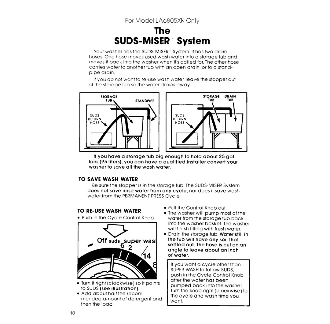 Whirlpool LA6805XK warranty SUDS-MISER System, To Save Wash Water, To RE-USE Wash Water 