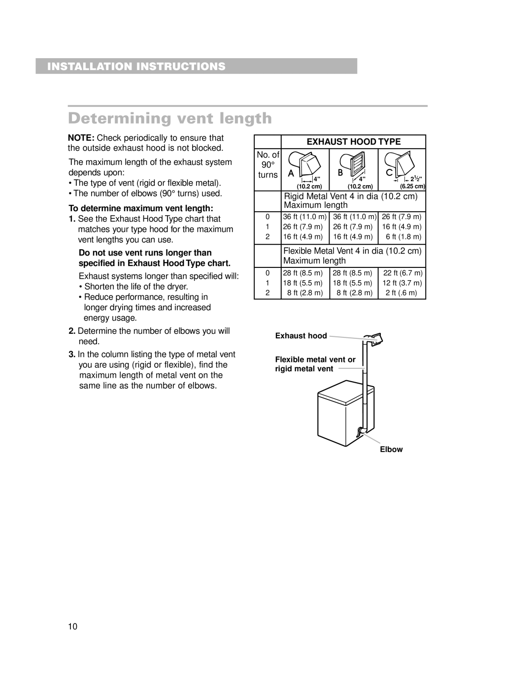 Whirlpool LDR3822HQ0 installation instructions Determining vent length, To determine maximum vent length, Exhaust Hood Type 