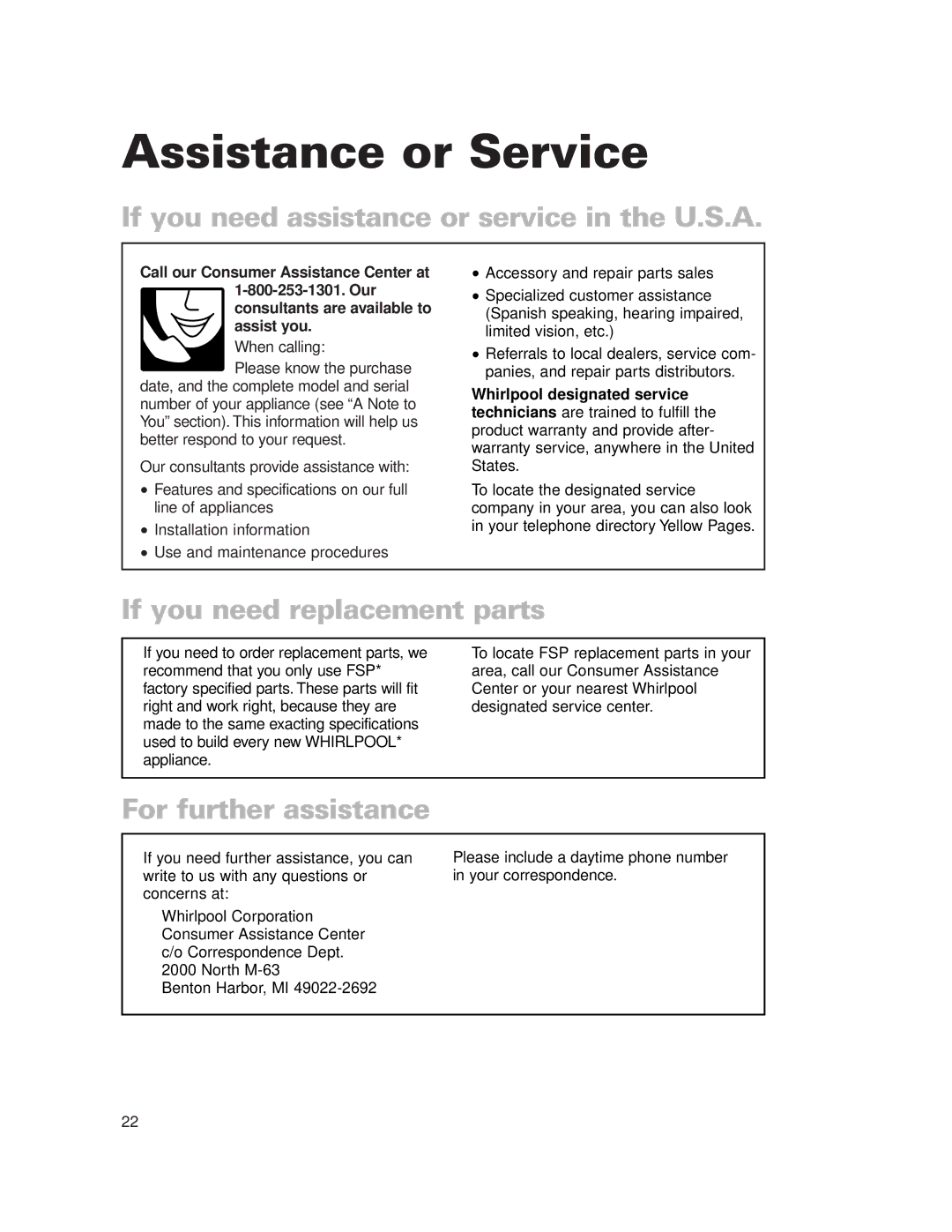 Whirlpool LDR3822HQ0 Assistance or Service, If you need assistance or service in the U.S.A, If you need replacement parts 