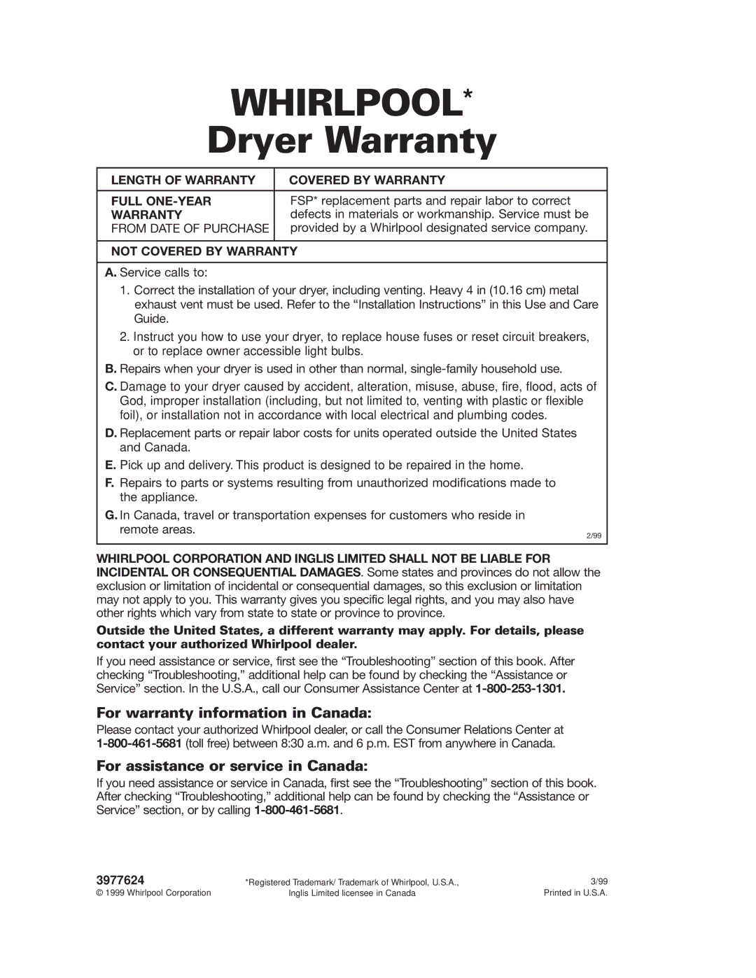 Whirlpool LDR3822HQ0 Dryer Warranty, For warranty information in Canada, For assistance or service in Canada 