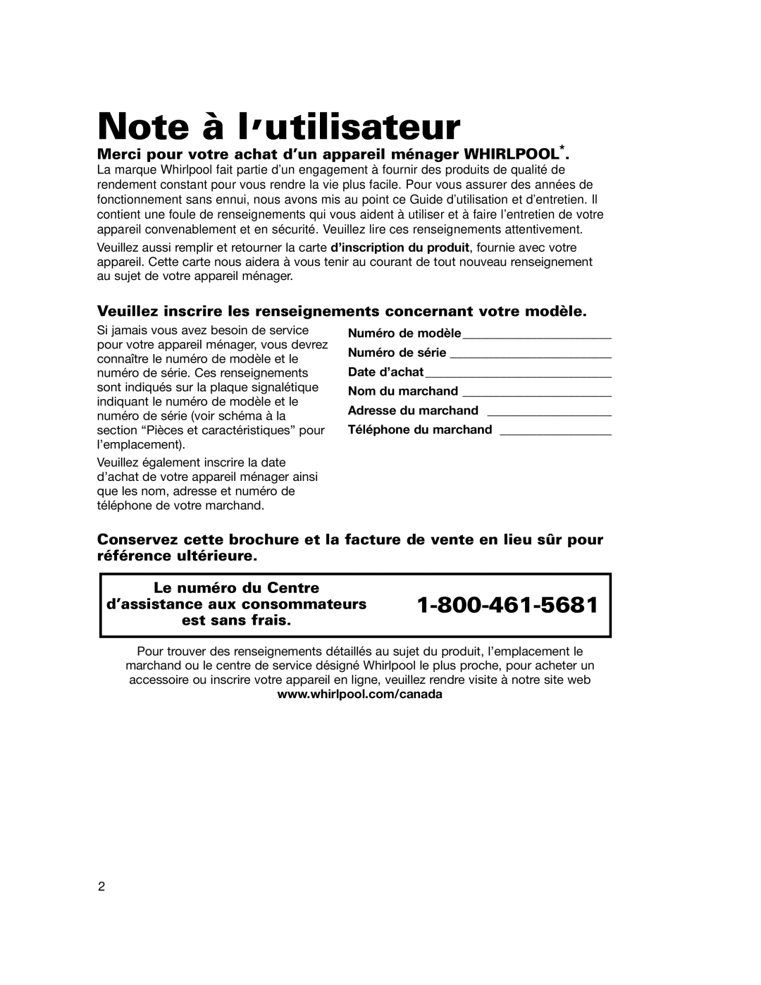 Whirlpool LDR3822HQ0 installation instructions Merci pour votre achat d’un appareil ménager Whirlpool 