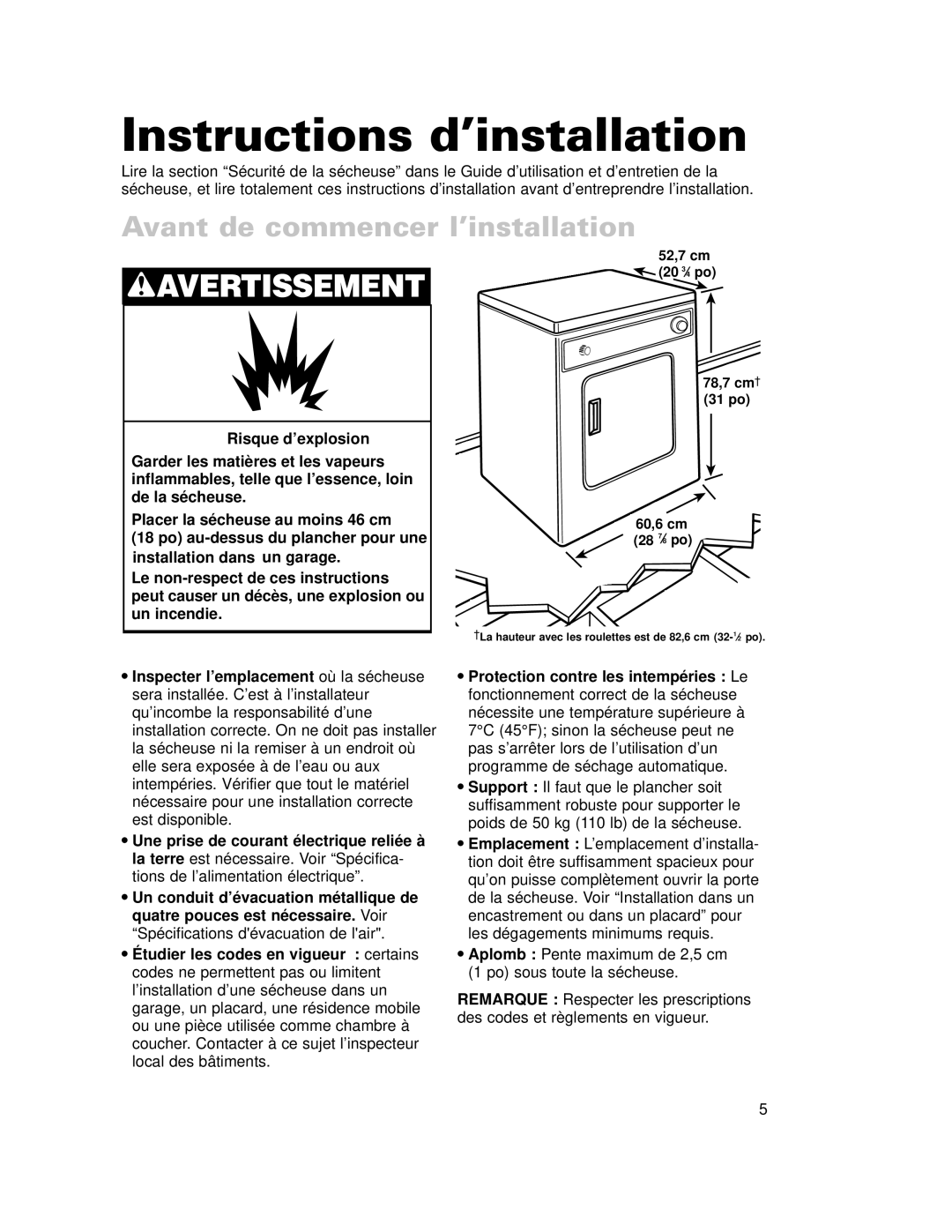 Whirlpool LDR3822HQ0 installation instructions Instructions d’installation, Avant de commencer l’installation 