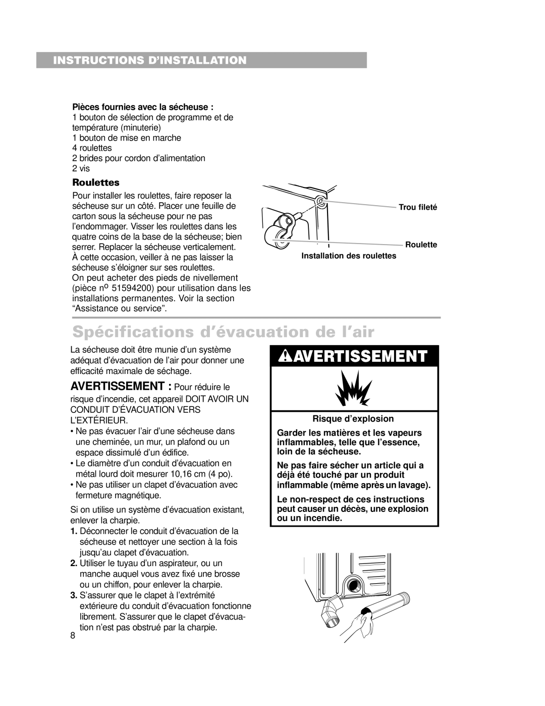 Whirlpool LDR3822HQ0 installation instructions Spécifications d’évacuation de l’air, Pièces fournies avec la sécheuse 