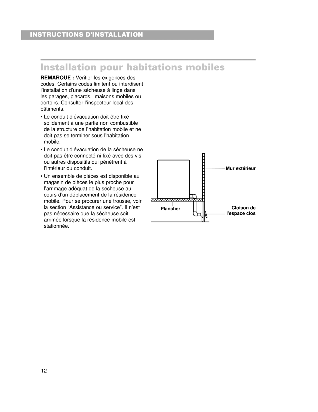 Whirlpool LDR3822HQ0 installation instructions Installation pour habitations mobiles 