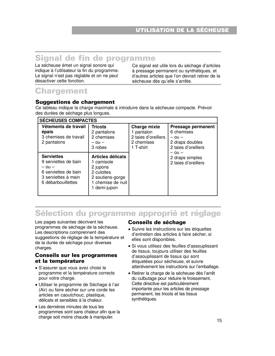 Whirlpool LDR3822HQ0 Signal de fin de programme, Chargement, Sélection du programme approprié et réglage 