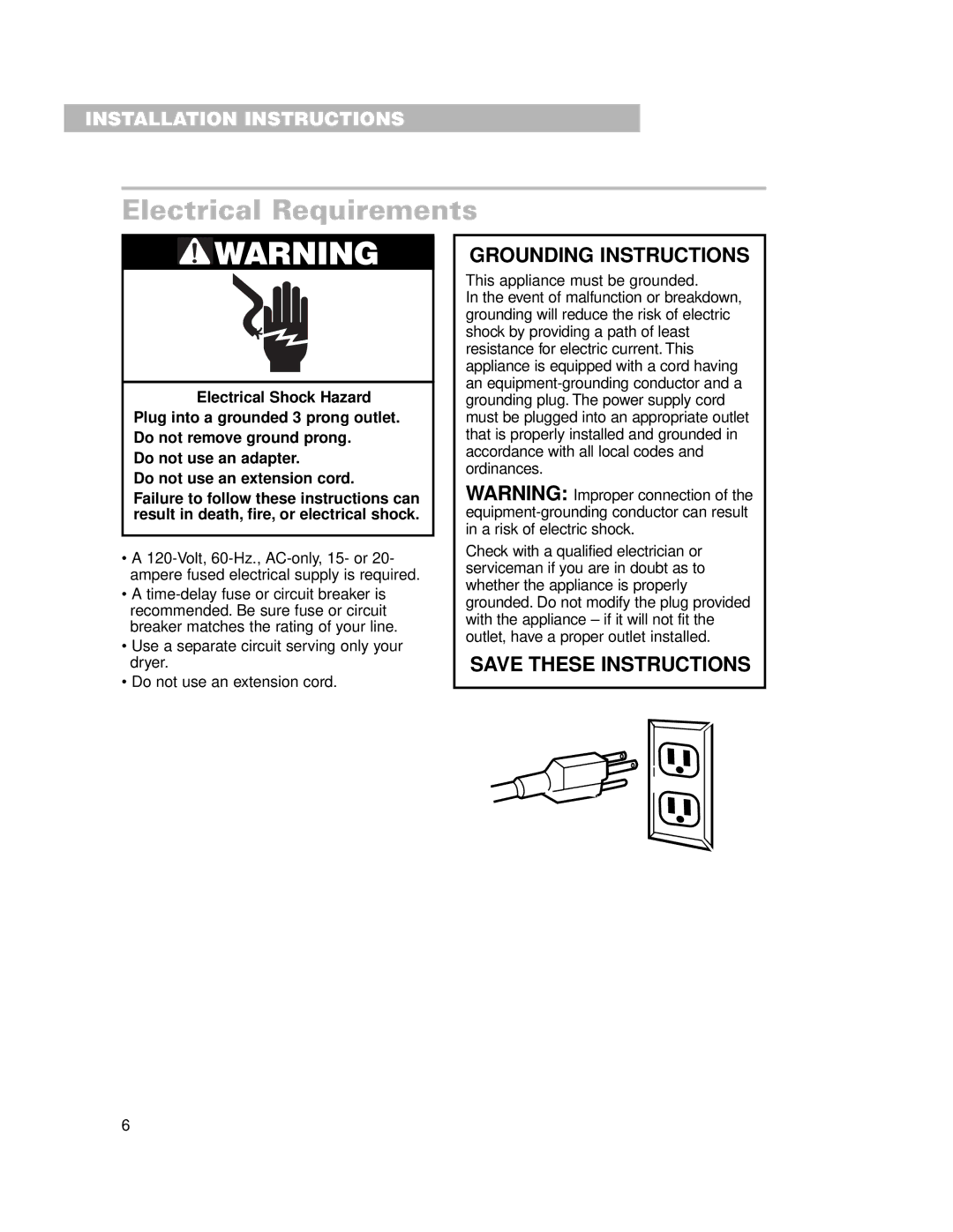 Whirlpool LDR3822HQ0 installation instructions Electrical Requirements, Grounding Instructions 